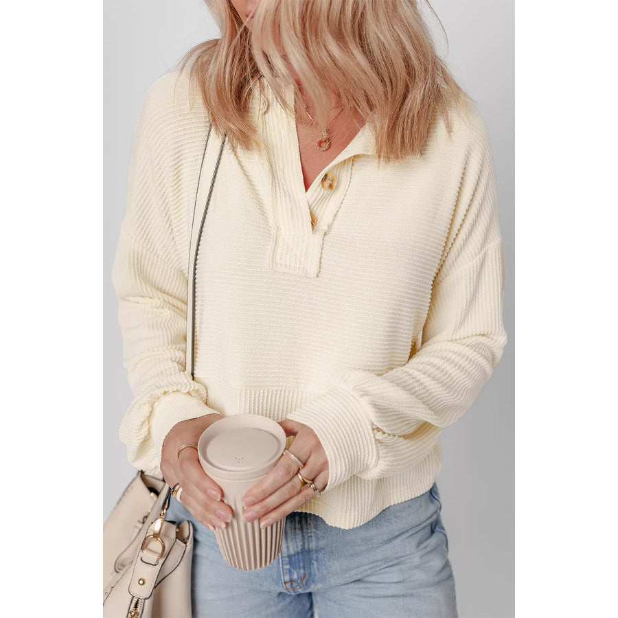 Corded Texture Lantern Sleeve Buttons Henley Sweatsuit Ivory / M Apparel and Accessories