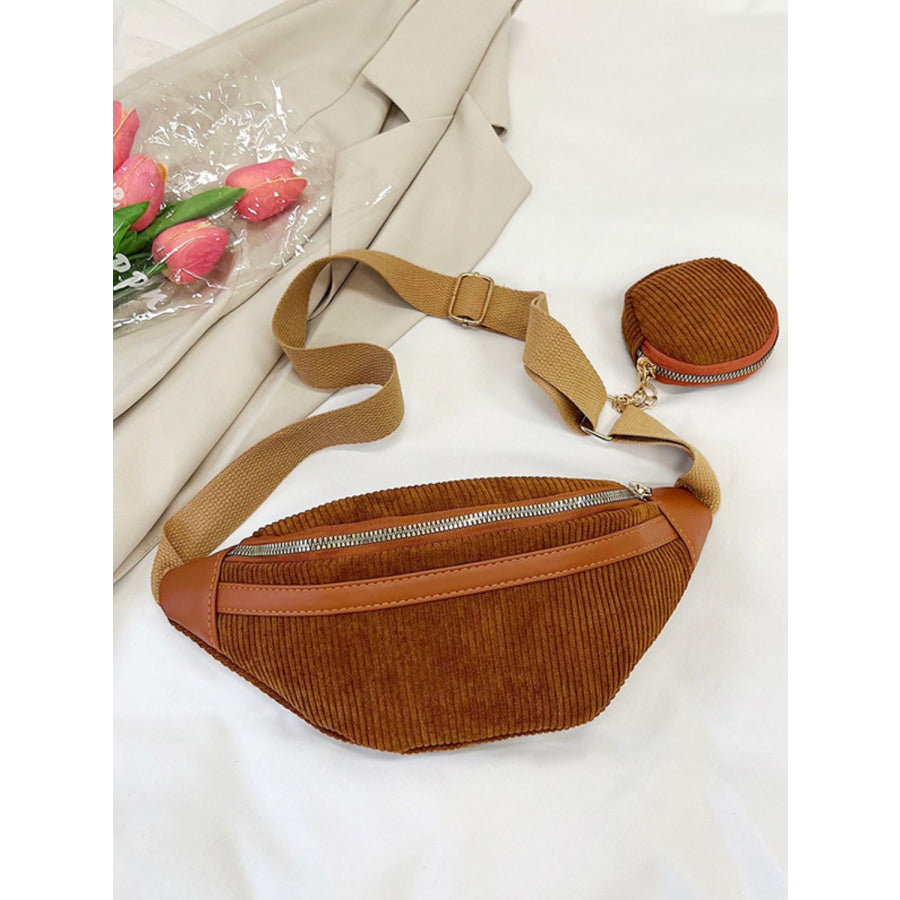 Corduroy Adjustable Strap Crossbody Bag with Pouch Apparel and Accessories