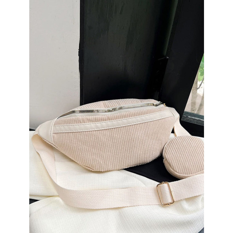 Corduroy Adjustable Strap Crossbody Bag with Pouch Beige / One Size Apparel and Accessories