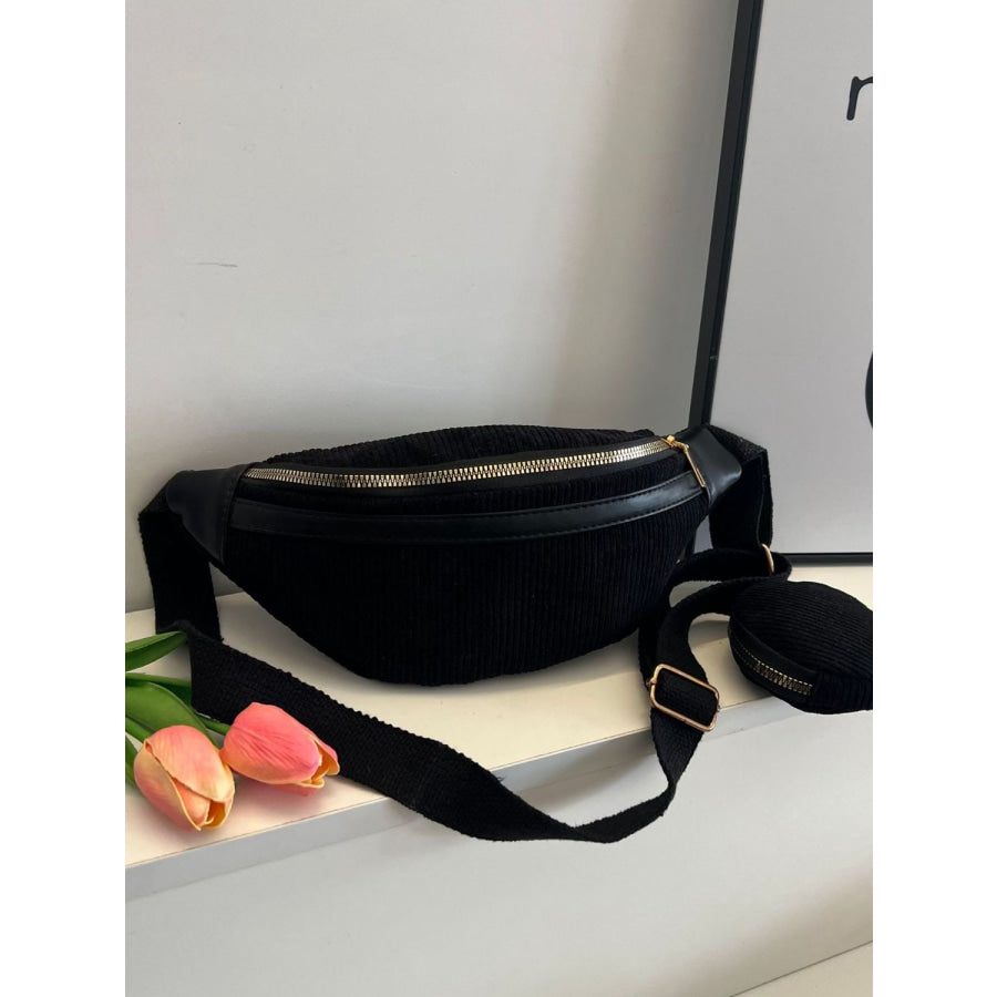 Corduroy Adjustable Strap Crossbody Bag with Pouch Black / One Size Apparel and Accessories
