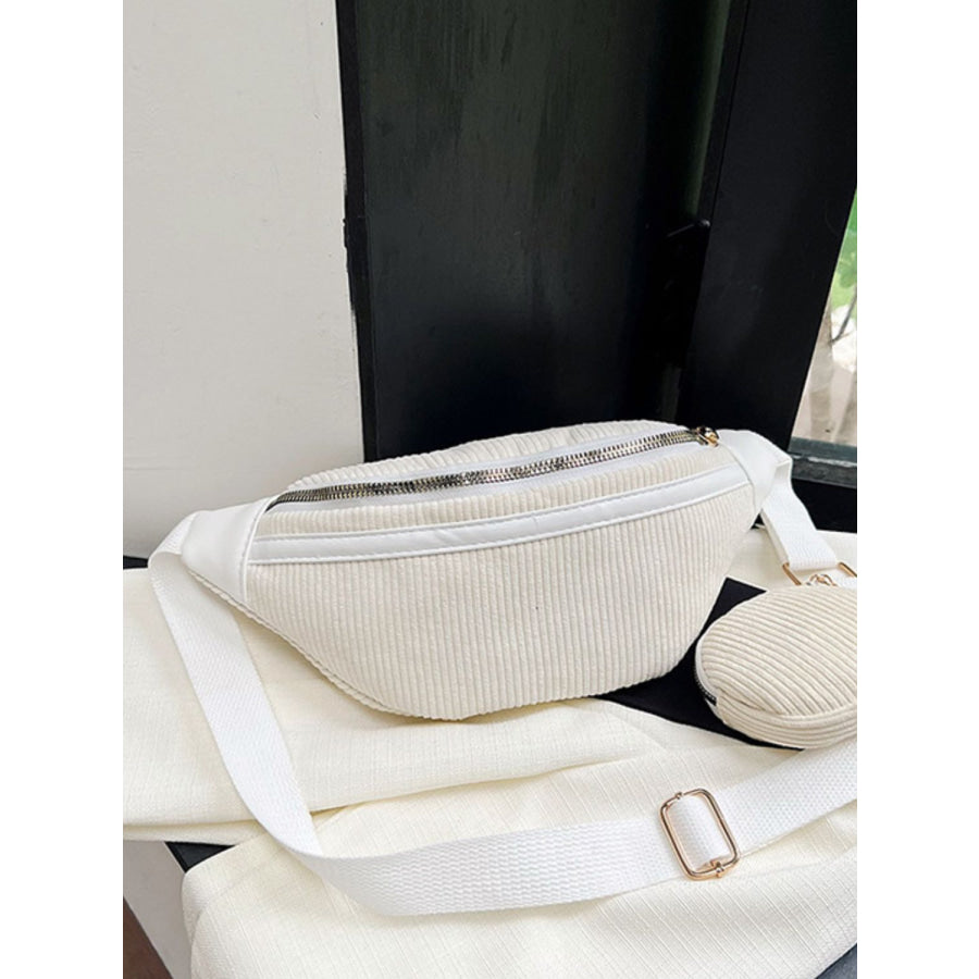 Corduroy Adjustable Strap Crossbody Bag with Pouch White / One Size Apparel and Accessories