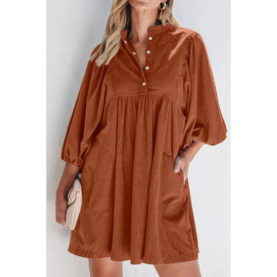 Corduroy Button-Down Babydoll Dress Caramel / S Apparel and Accessories