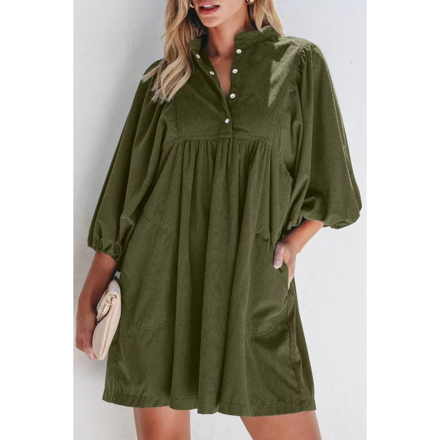 Corduroy Button-Down Babydoll Dress Moss / S Apparel and Accessories