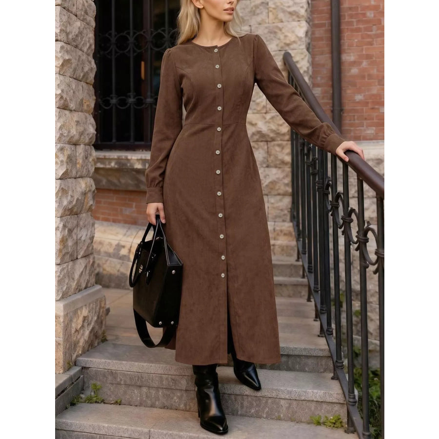 Corduroy Button-Down Maxi Dress Coffee Brown / S Apparel and Accessories