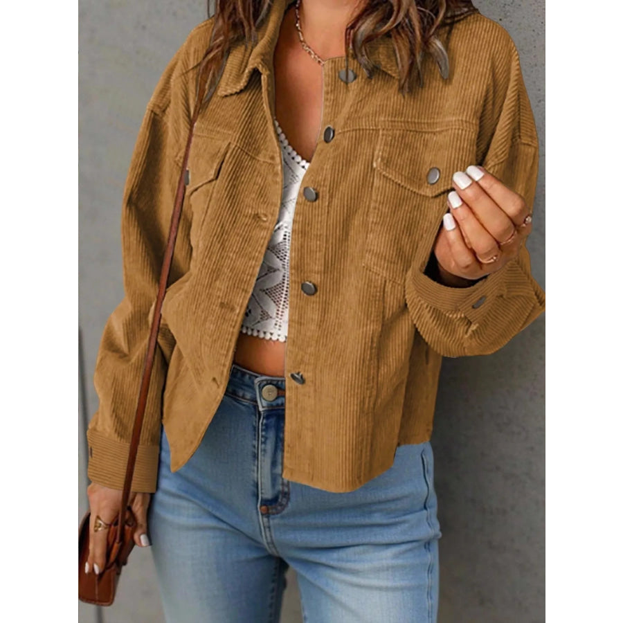 Corduroy Button-Down Shacket Light Brown / S Apparel and Accessories