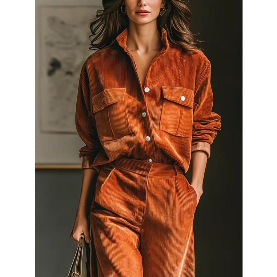 Corduroy Button-Down Shirt and Wide-Leg Pants Two-Piece Set Caramel Color / S Apparel and Accessories