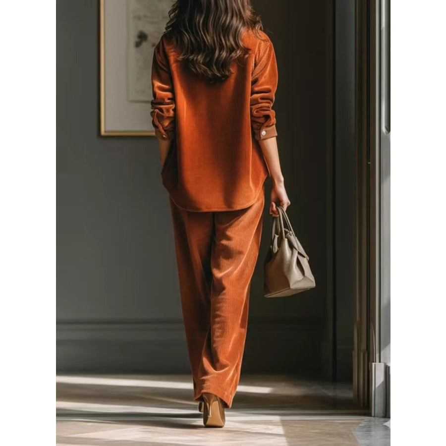 Corduroy Button-Down Shirt and Wide-Leg Pants Two-Piece Set Apparel and Accessories