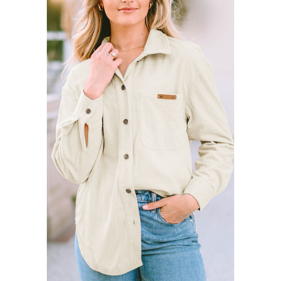 Corduroy Button Up Pocketed Shacket Beige / S Apparel and Accessories