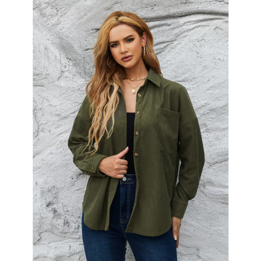 Corduroy Button-Up Shirt Olive Green / S Apparel and Accessories