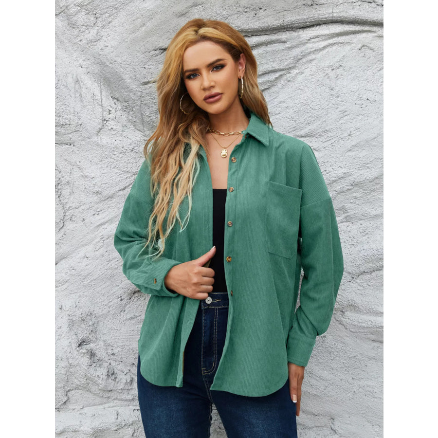 Corduroy Button-Up Shirt Peacock Green / S Apparel and Accessories