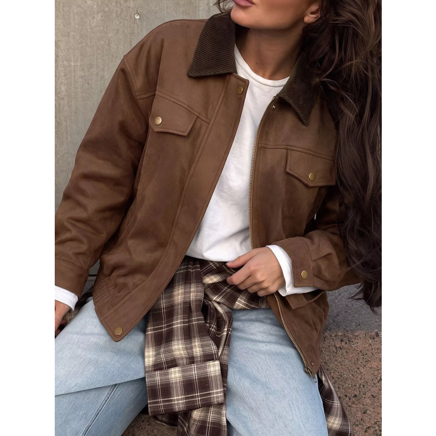 Corduroy Collar Zip-Up Jacket Coffee Brown / S Apparel and Accessories