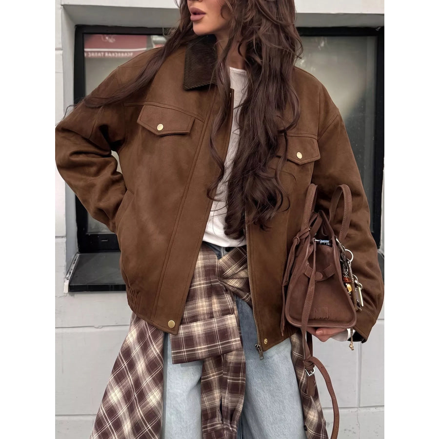 Corduroy Collar Zip-Up Jacket Apparel and Accessories