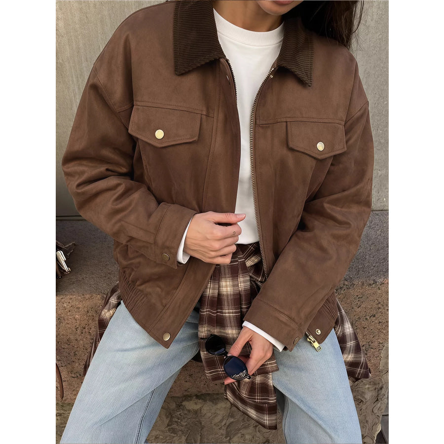 Corduroy Collar Zip-Up Jacket Coffee Brown / S Apparel and Accessories
