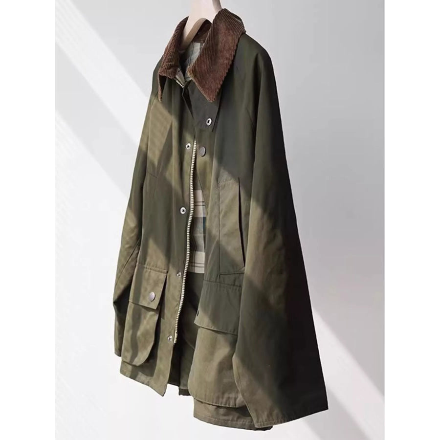 Corduroy Collar Zip Up Jacket Sage Green / S Apparel and Accessories