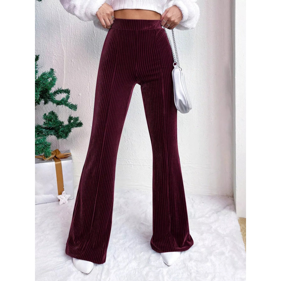 Corduroy High Waist Flare Pants Burgundy / S Apparel and Accessories