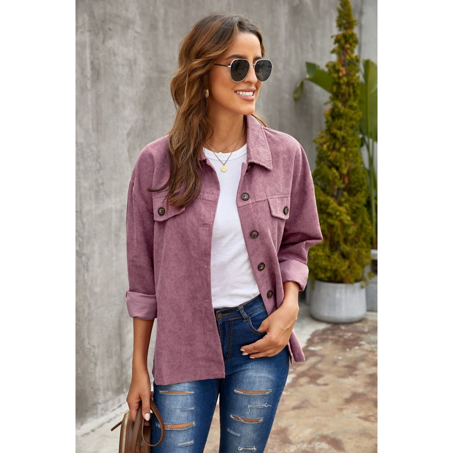 Corduroy Long Sleeve Button-Up Shirt Jacket Lilac / S