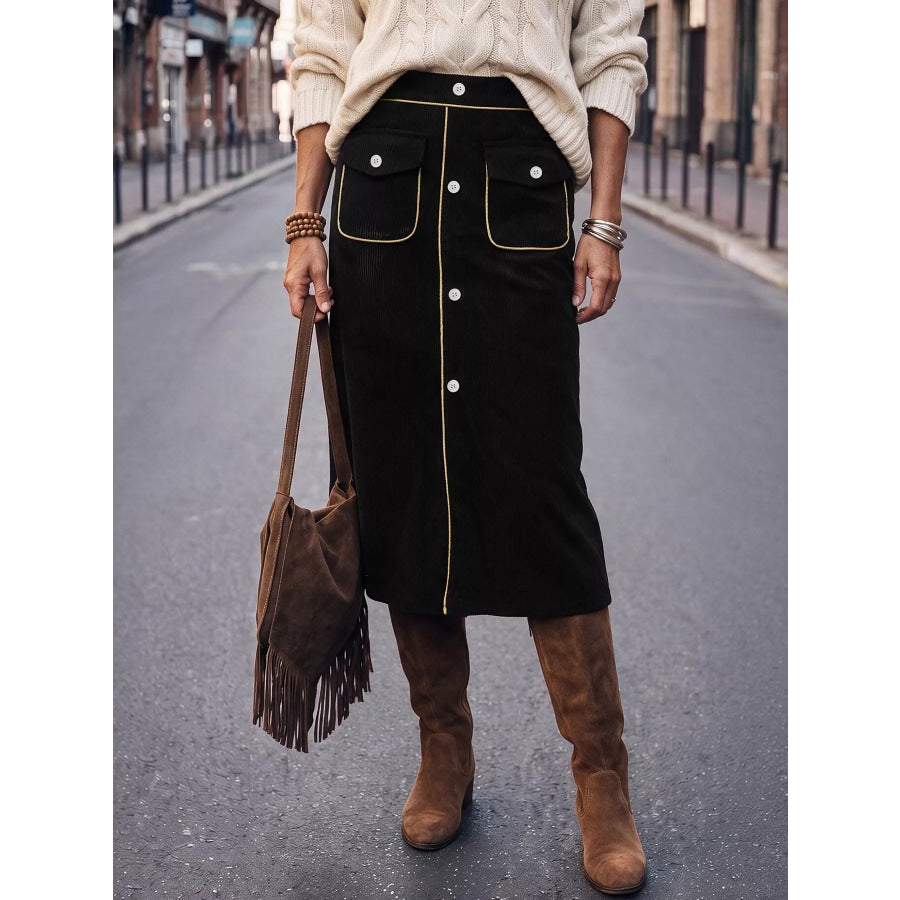 Corduroy Midi Skirt Black / S Apparel and Accessories
