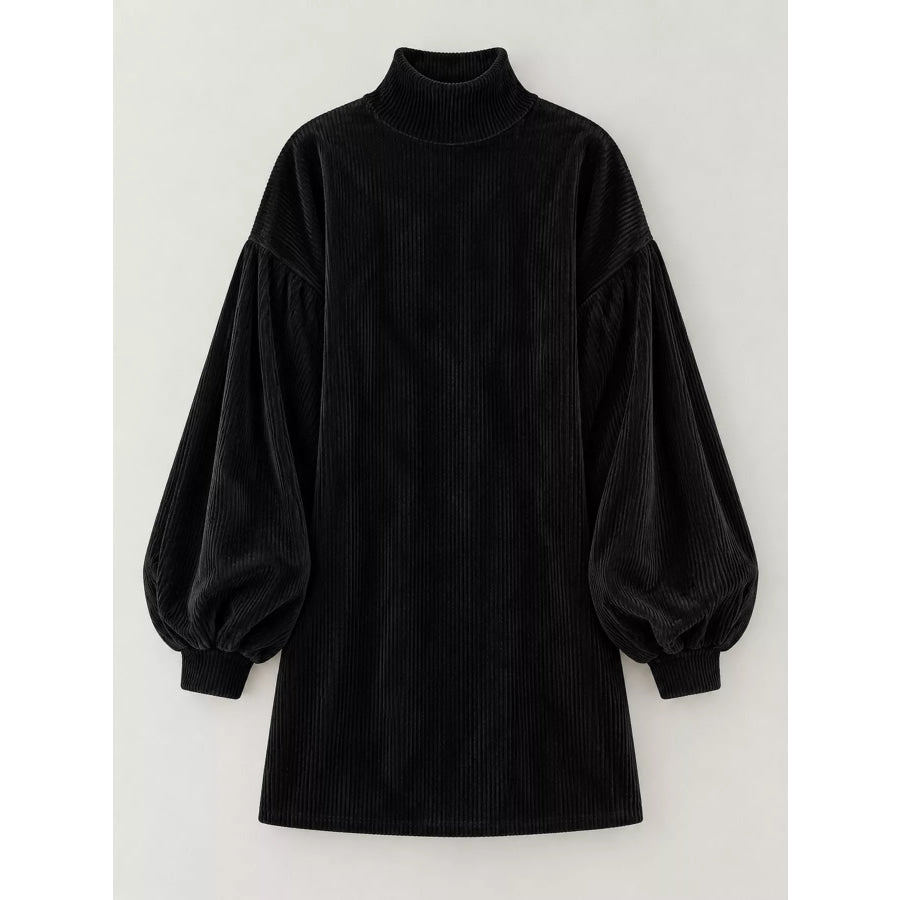 Corduroy Mock Neck Lantern Sleeve Mini Dress Apparel and Accessories
