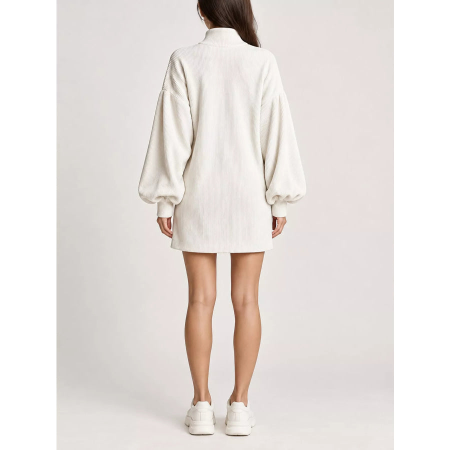 Corduroy Mock Neck Lantern Sleeve Mini Dress Apparel and Accessories