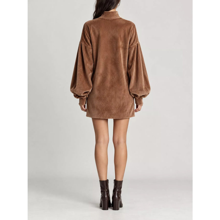 Corduroy Mock Neck Lantern Sleeve Mini Dress Apparel and Accessories