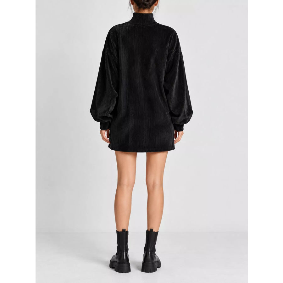 Corduroy Mock Neck Lantern Sleeve Mini Dress Apparel and Accessories
