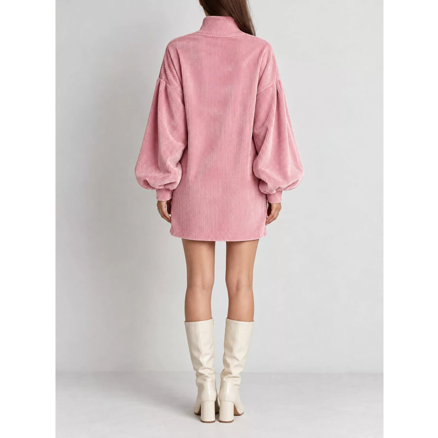 Corduroy Mock Neck Lantern Sleeve Mini Dress Apparel and Accessories