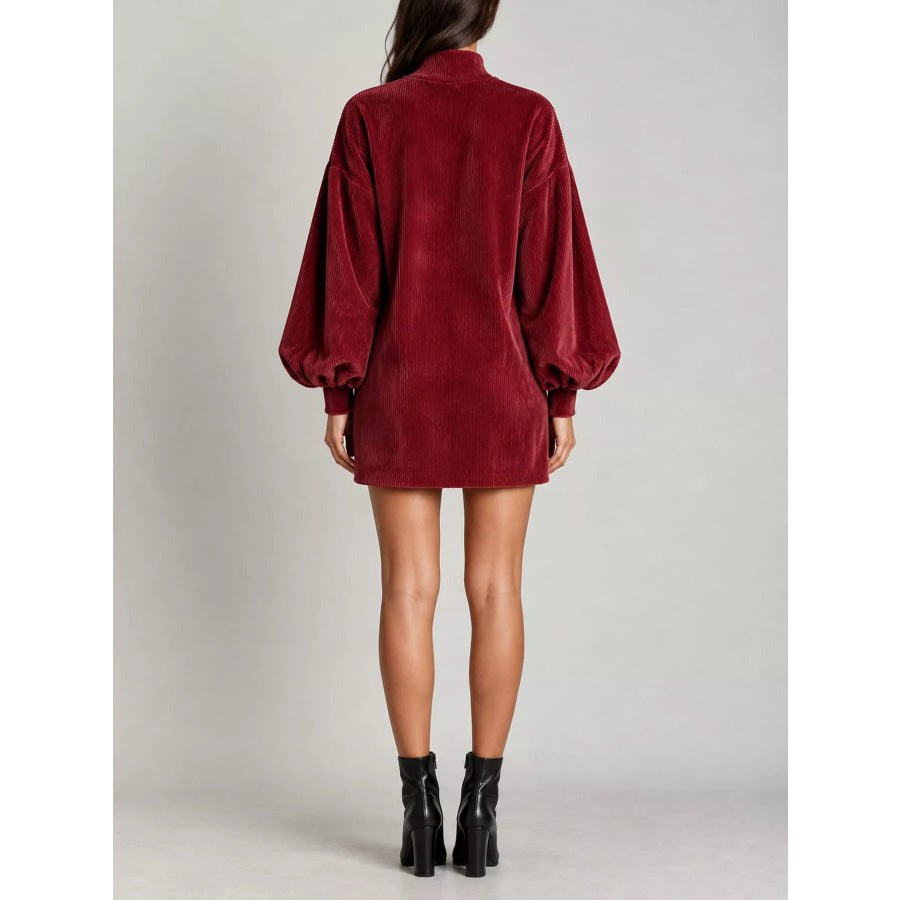 Corduroy Mock Neck Lantern Sleeve Mini Dress Apparel and Accessories