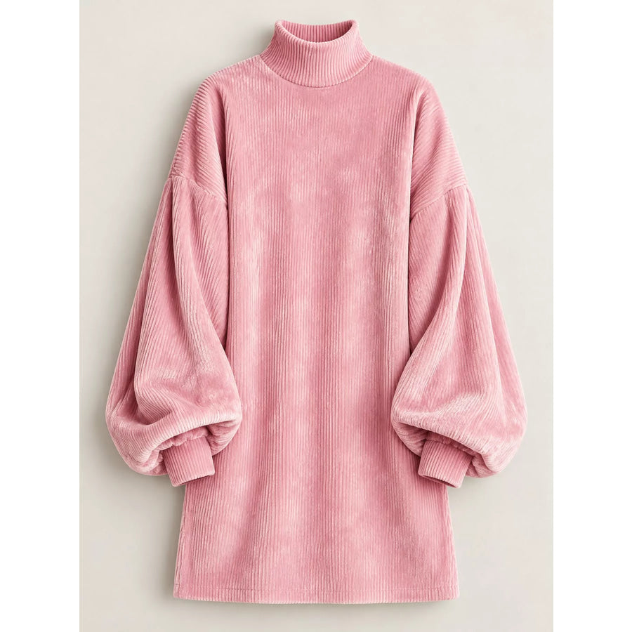 Corduroy Mock Neck Lantern Sleeve Mini Dress Apparel and Accessories