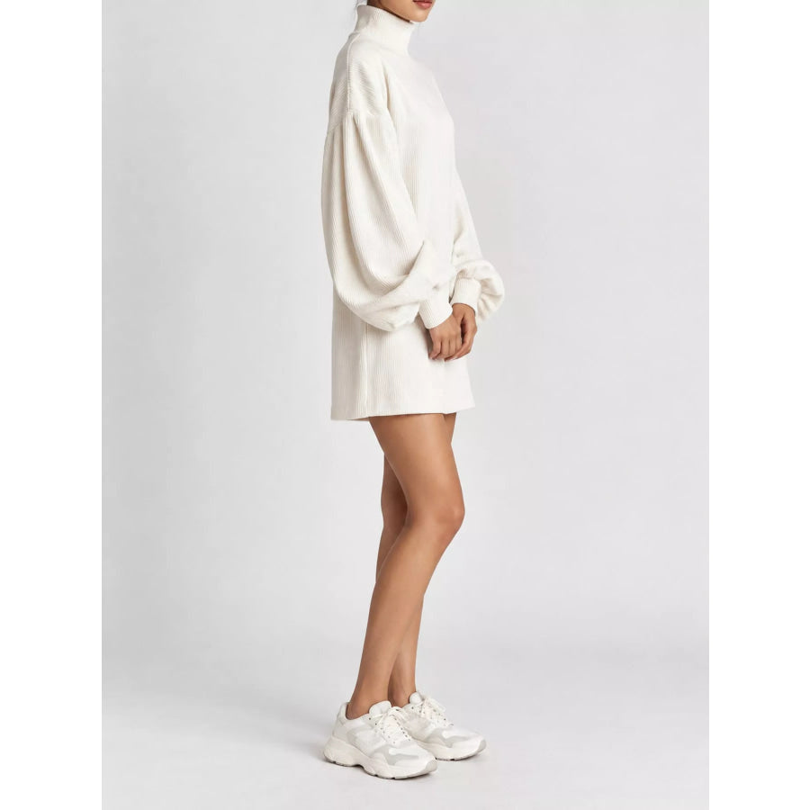 Corduroy Mock Neck Lantern Sleeve Mini Dress Apparel and Accessories