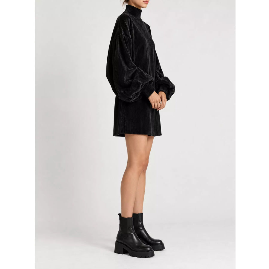 Corduroy Mock Neck Lantern Sleeve Mini Dress Apparel and Accessories