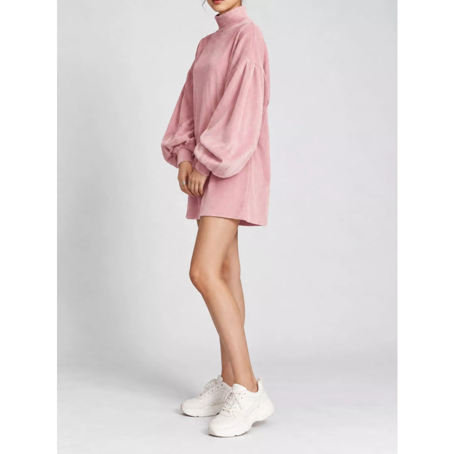 Corduroy Mock Neck Lantern Sleeve Mini Dress Apparel and Accessories