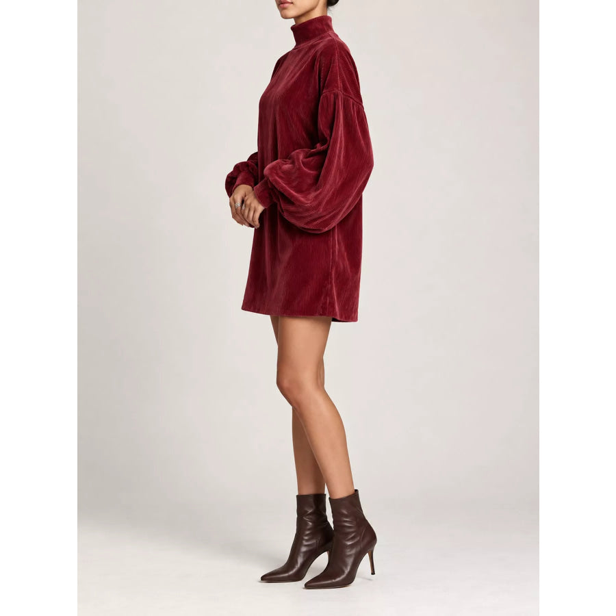 Corduroy Mock Neck Lantern Sleeve Mini Dress Apparel and Accessories