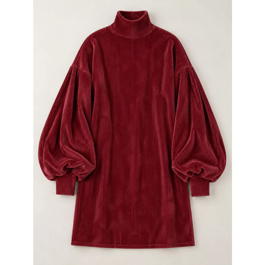Corduroy Mock Neck Lantern Sleeve Mini Dress Apparel and Accessories