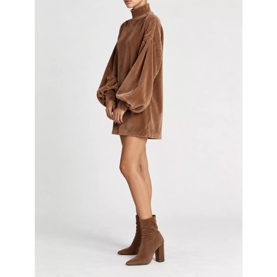 Corduroy Mock Neck Lantern Sleeve Mini Dress Apparel and Accessories