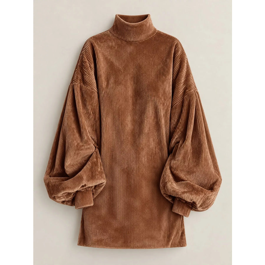 Corduroy Mock Neck Lantern Sleeve Mini Dress Apparel and Accessories