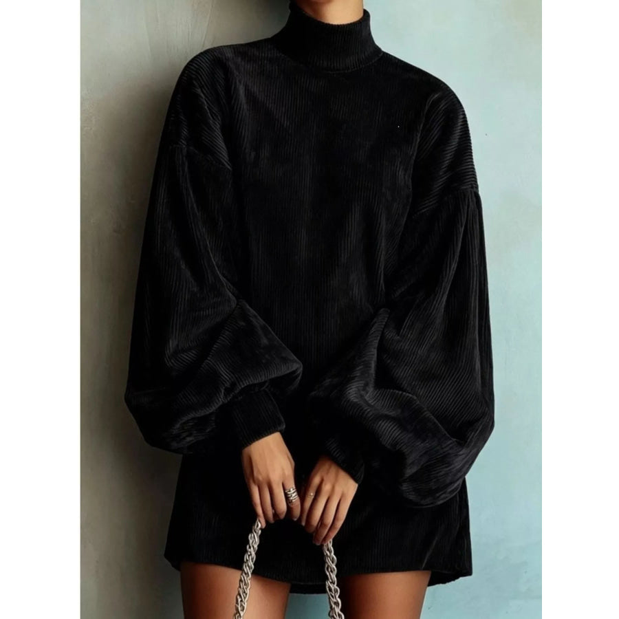 Corduroy Mock Neck Lantern Sleeve Mini Dress Black / S Apparel and Accessories