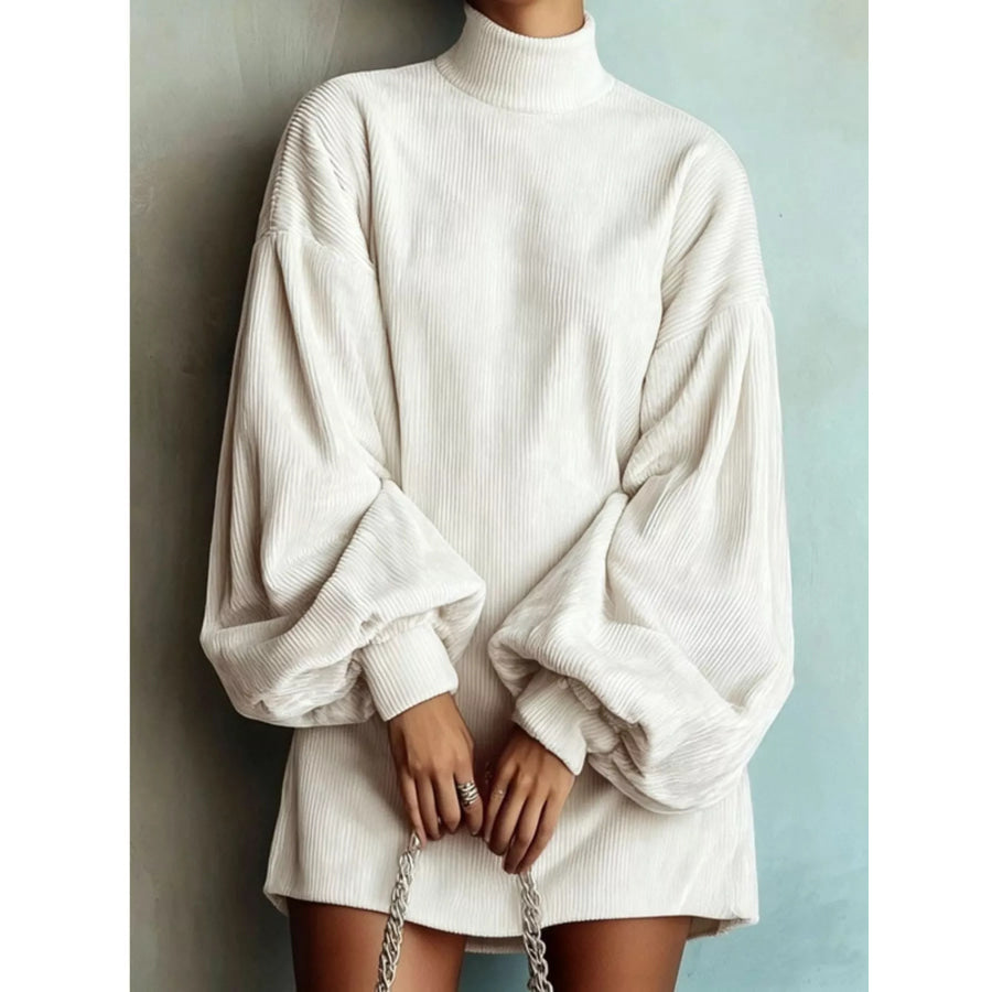 Corduroy Mock Neck Lantern Sleeve Mini Dress White / S Apparel and Accessories