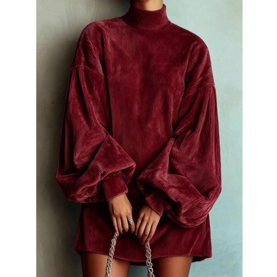 Corduroy Mock Neck Lantern Sleeve Mini Dress Wine Red / S Apparel and Accessories