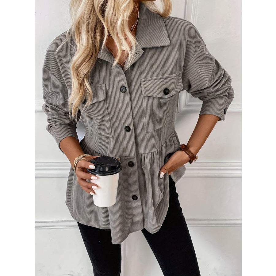 Corduroy Peplum Button Up Shacket Apparel and Accessories