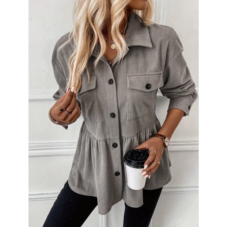 Corduroy Peplum Button Up Shacket Apparel and Accessories