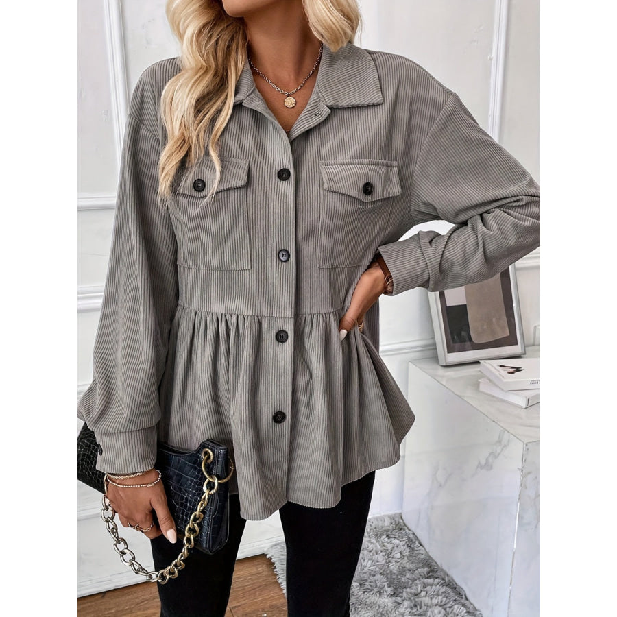 Corduroy Peplum Button Up Shacket Apparel and Accessories