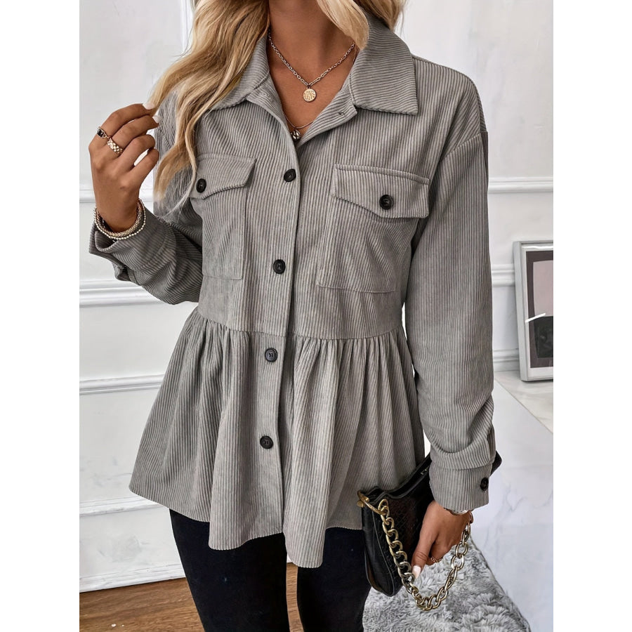 Corduroy Peplum Button Up Shacket Gray / S Apparel and Accessories