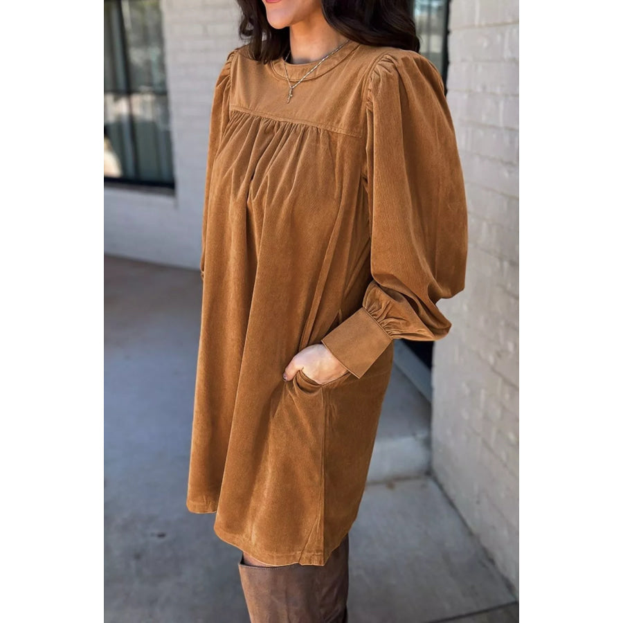 Corduroy Puff Sleeve Mini Dress Apparel and Accessories