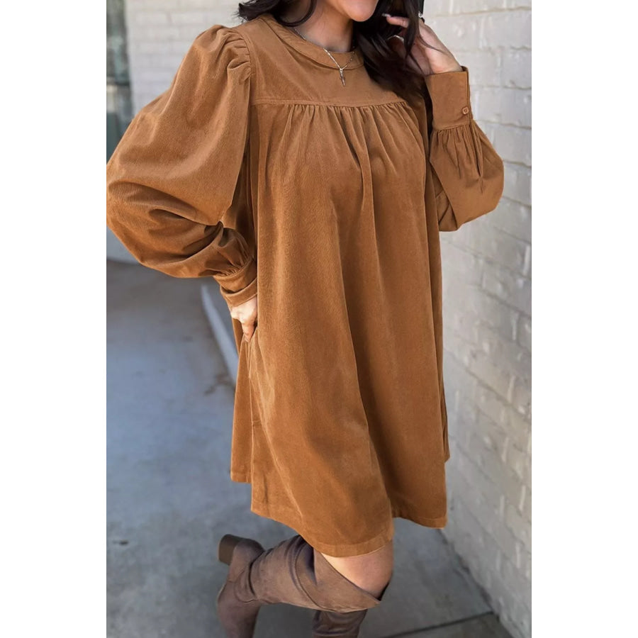 Corduroy Puff Sleeve Mini Dress Caramel / S Apparel and Accessories