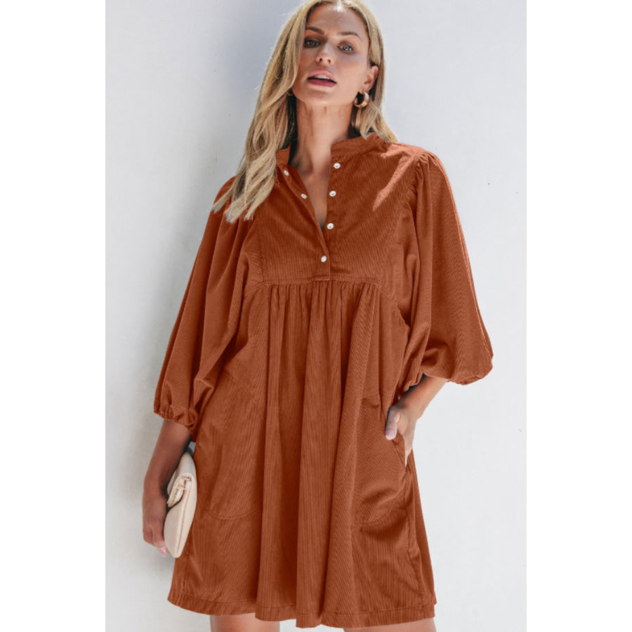 Corduroy Quarter Snap Three-Quarter Sleeve Dress Apparel and Accessories