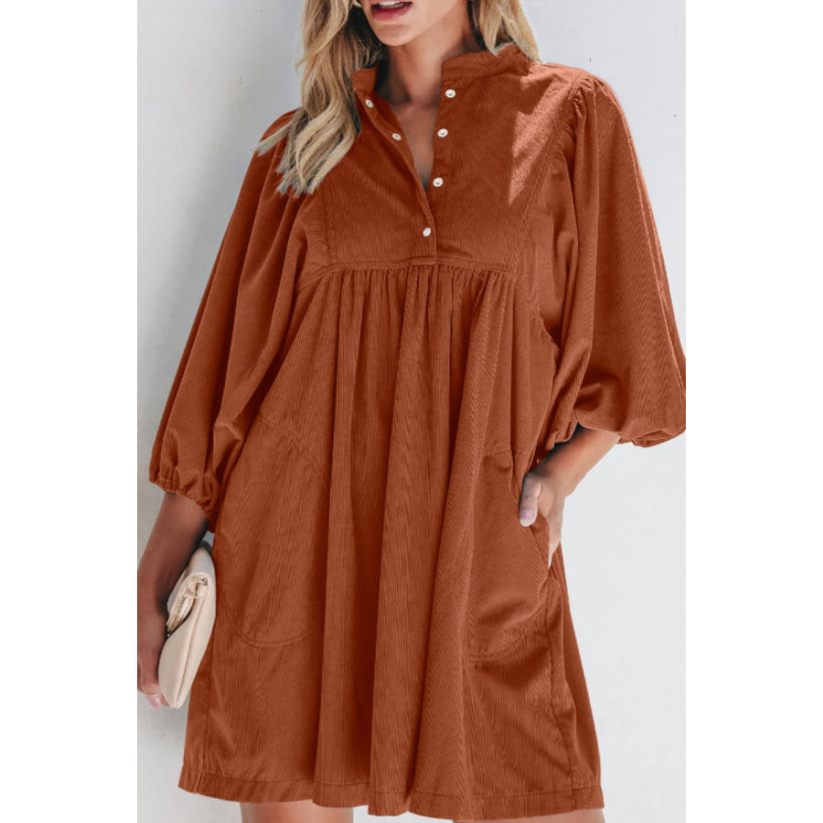 Corduroy Quarter Snap Three-Quarter Sleeve Dress Brown / S Apparel and Accessories