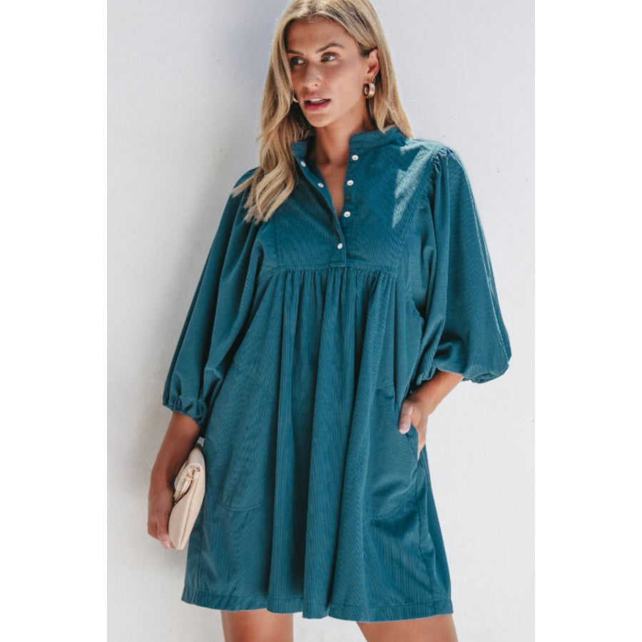 Corduroy Quarter Snap Three-Quarter Sleeve Dress Peacock Blue / S Apparel and Accessories