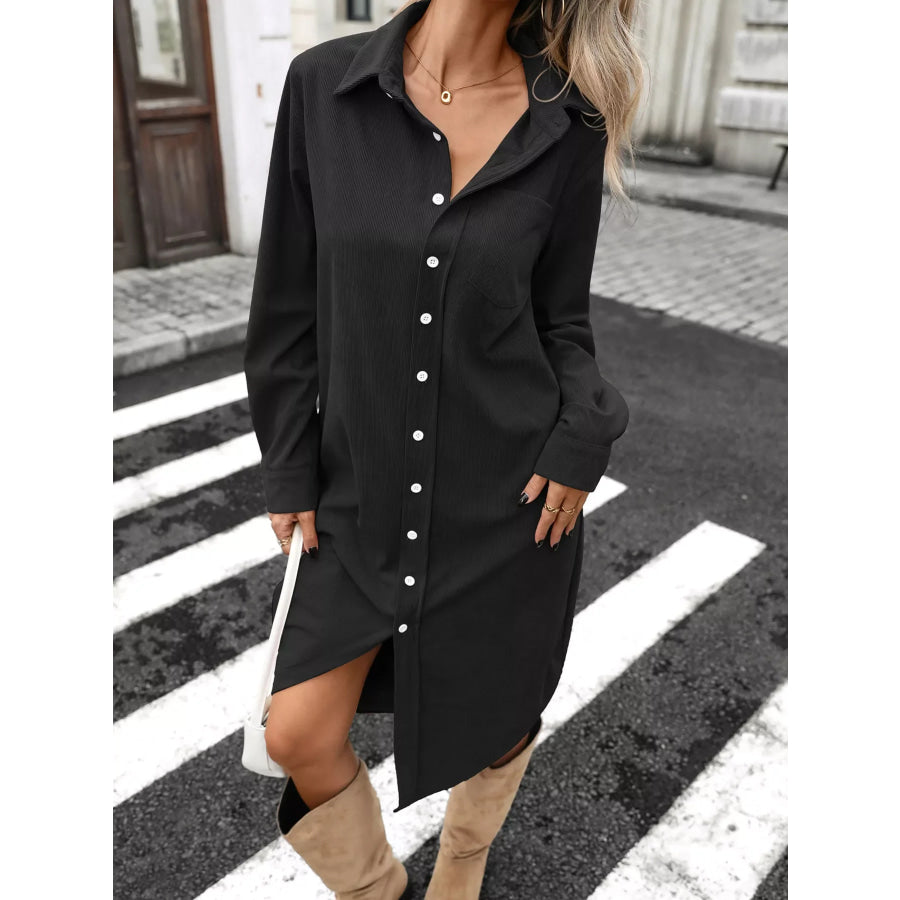 Corduroy Shirt Dress with Button-Down Front Black / S Apparel and Accessories