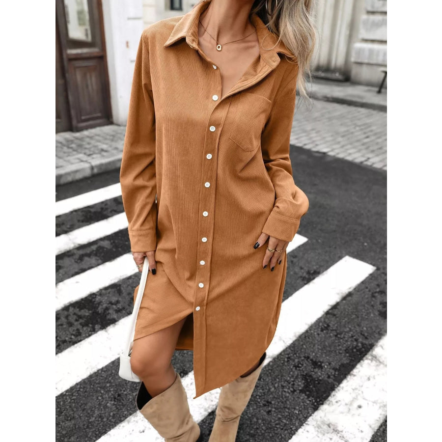 Corduroy Shirt Dress with Button-Down Front Brown / S Apparel and Accessories