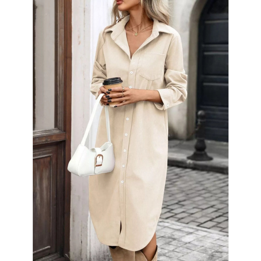 Corduroy Shirt Dress with Button-Down Front Cream / S Apparel and Accessories